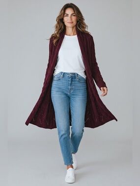 Garnet hill cardigan maroon long open front S